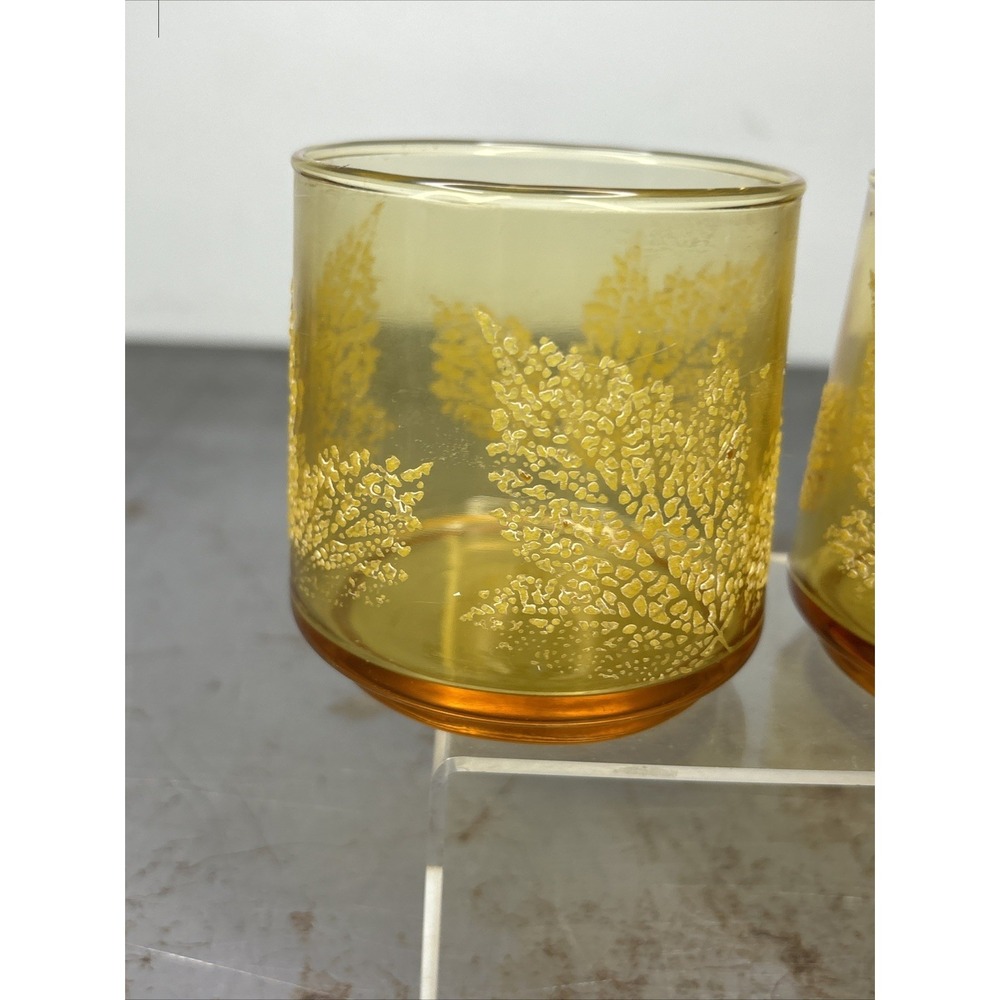 Vintage Amber Glass Leaf Embossed Lowball Juice Glasses MCM Cocktail - Picture 4 of 7
